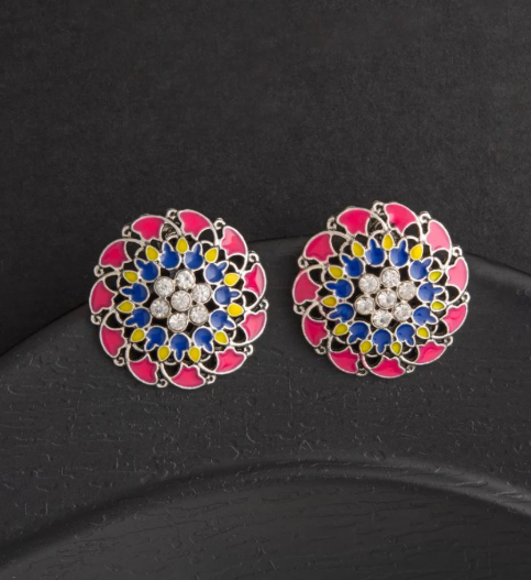 Oxidized Silver Enamel Artwork Stone Studded Stud Earrings
