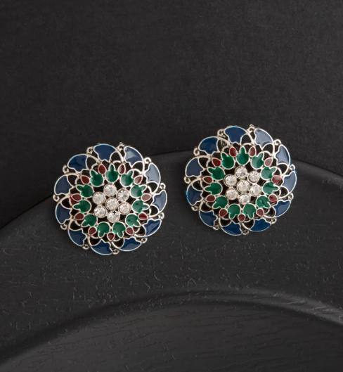 Oxidized Silver Enamel Artwork Stone Studded Stud Earrings