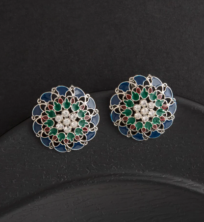 Oxidized Silver Enamel Artwork Stone Studded Stud Earrings
