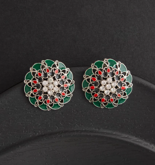 Oxidized Silver Enamel Artwork Stone Studded Stud Earrings